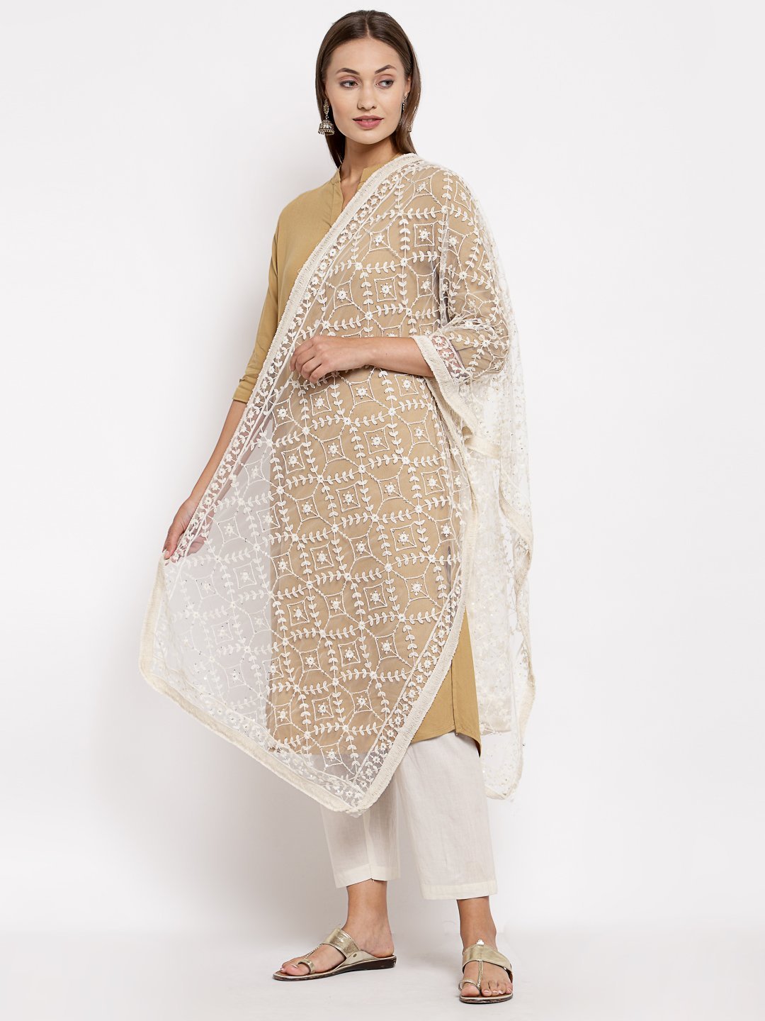 Women's White Net Solid Casual Dupatta