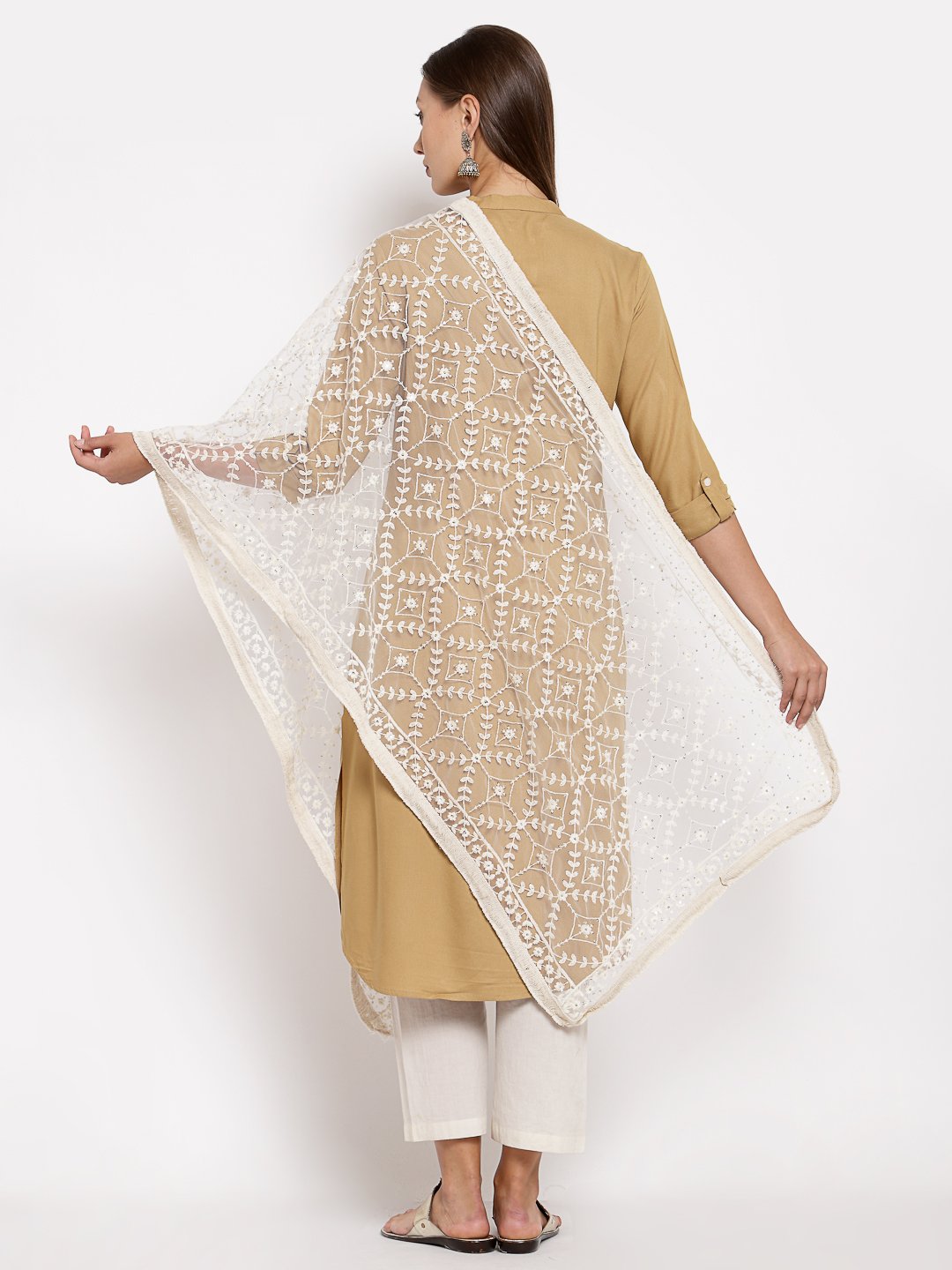 Women's White Net Solid Casual Dupatta