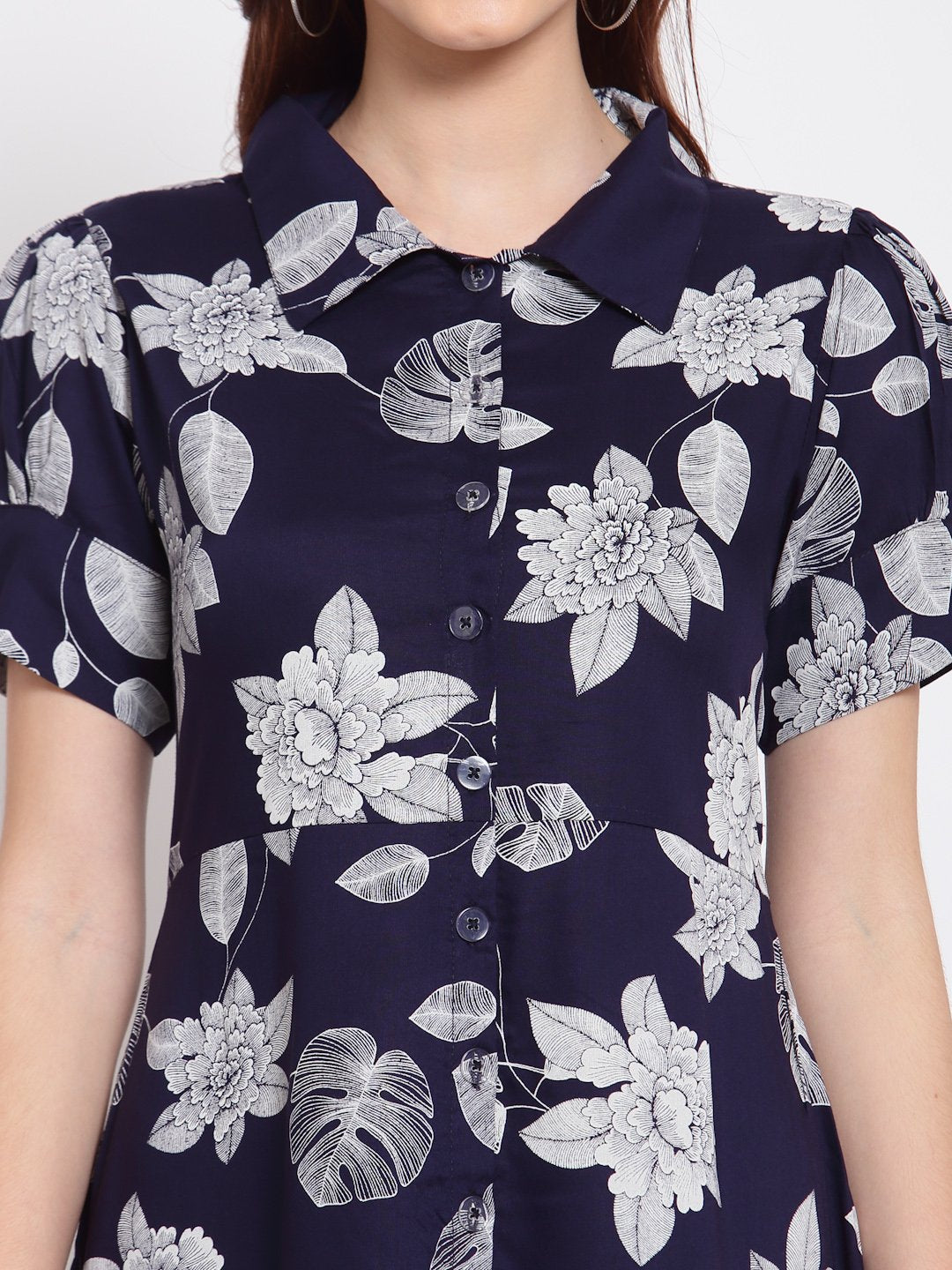 Women's Navy Blue Printed Cotton Short Sleeve Collar Neck Casual Dress