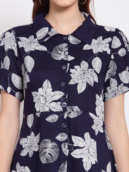 Women's Navy Blue Printed Cotton Short Sleeve Collar Neck Casual Dress