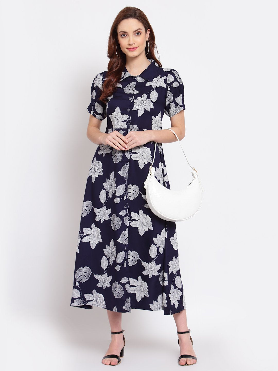 Women's Navy Blue Printed Cotton Short Sleeve Collar Neck Casual Dress