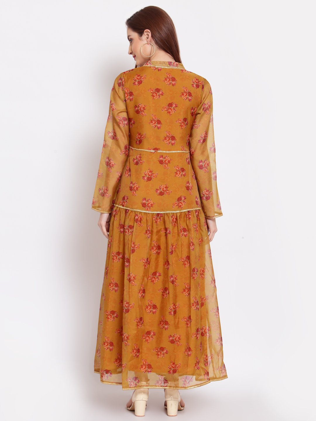 Women's Multi Printed Organza Full Sleeve Mandarin Neck Casual Dress