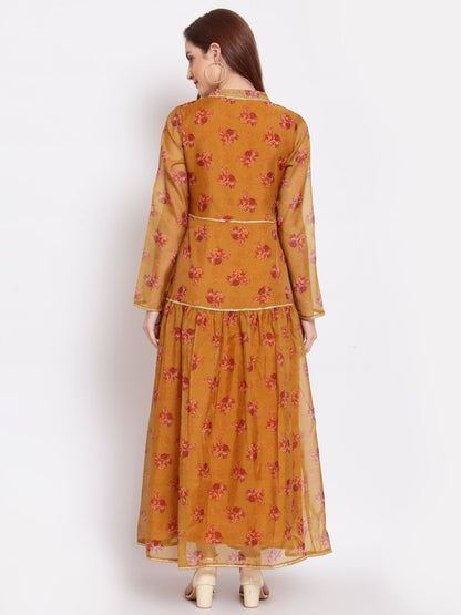 Women's Multi Printed Organza Full Sleeve Mandarin Neck Casual Dress