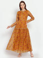 Women's Multi Printed Organza Full Sleeve Mandarin Neck Casual Dress