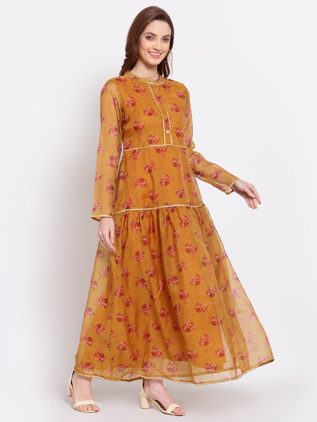 Women's Multi Printed Organza Full Sleeve Mandarin Neck Casual Dress