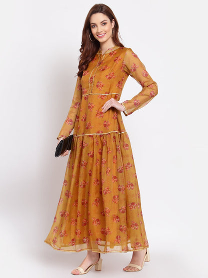 Women's Multi Printed Organza Full Sleeve Mandarin Neck Casual Dress