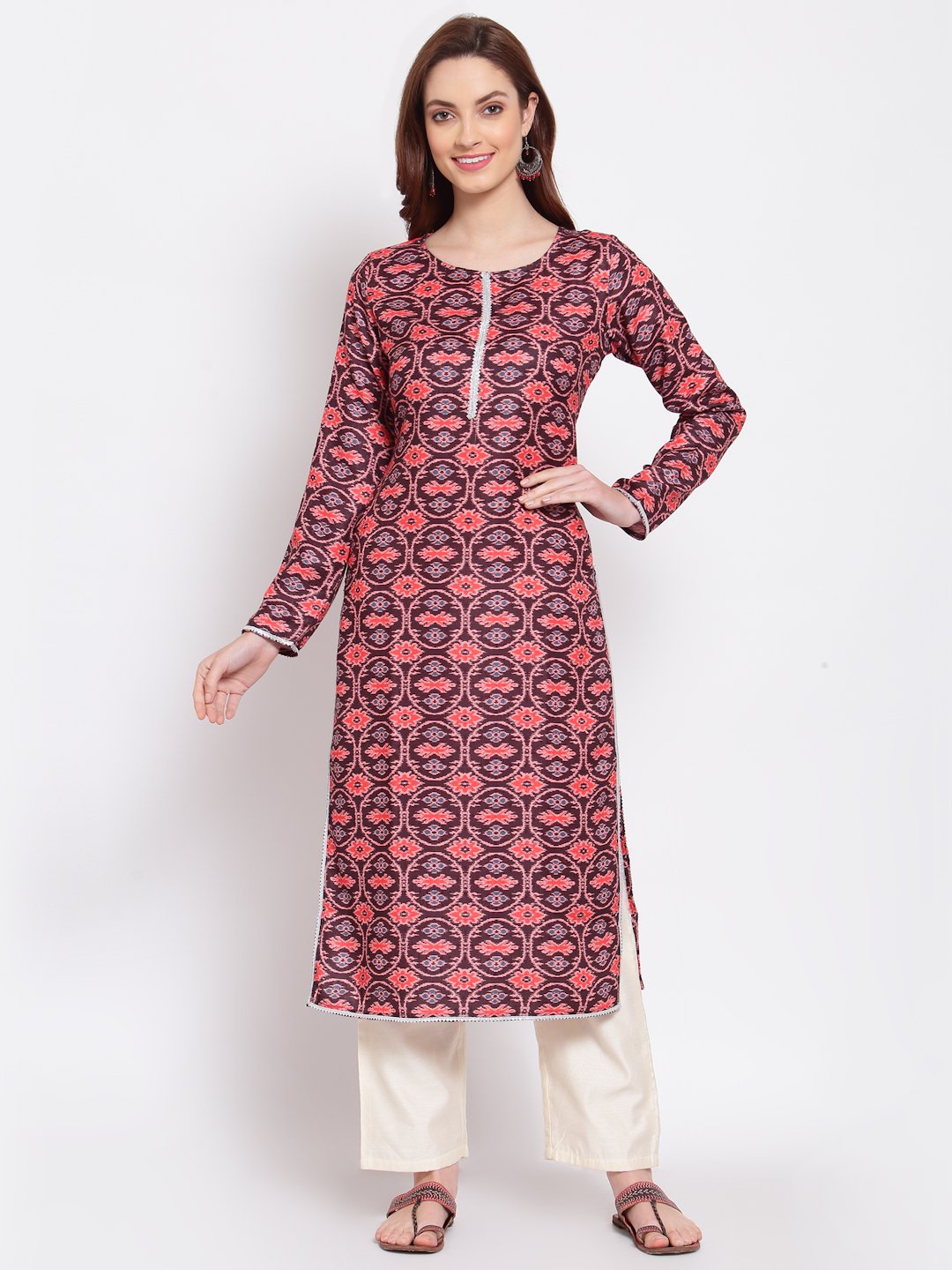Women Maroon Pashmeena Printed Kurta by Myshka (