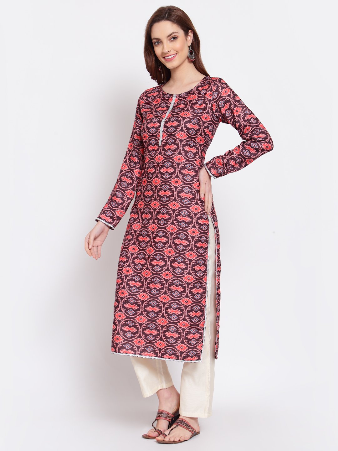 Women Maroon Pashmeena Printed Kurta by Myshka (