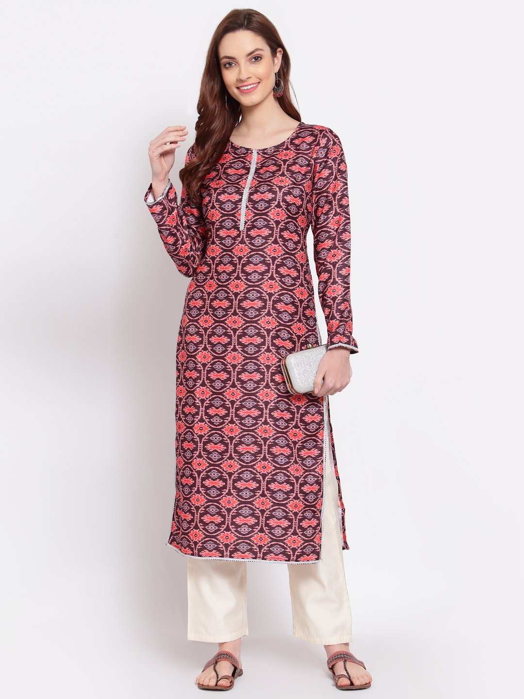 Women Maroon Pashmeena Printed Kurta by Myshka (