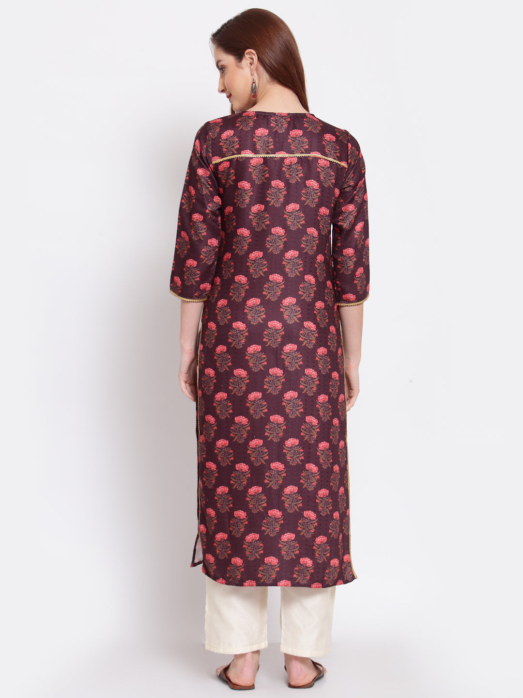 Women's Wine Printed Pashmeena 3/4 Sleeve Round Neck Casual Winter Kurta