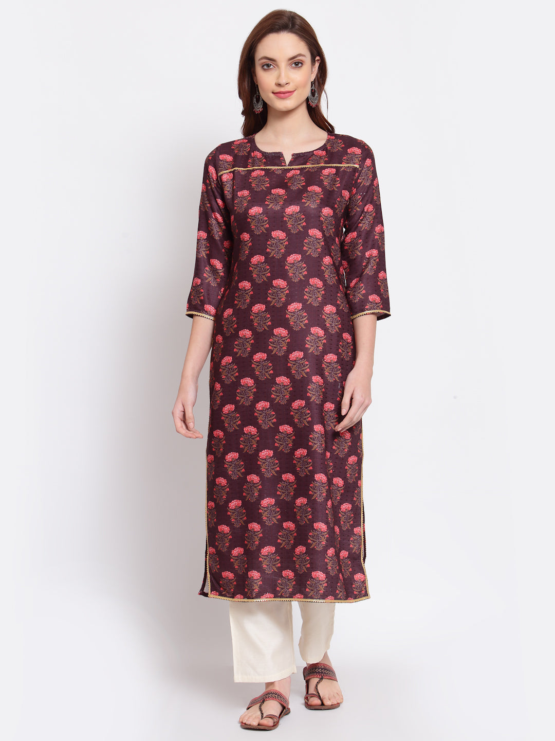 Women's Wine Printed Pashmeena 3/4 Sleeve Round Neck Casual Winter Kurta