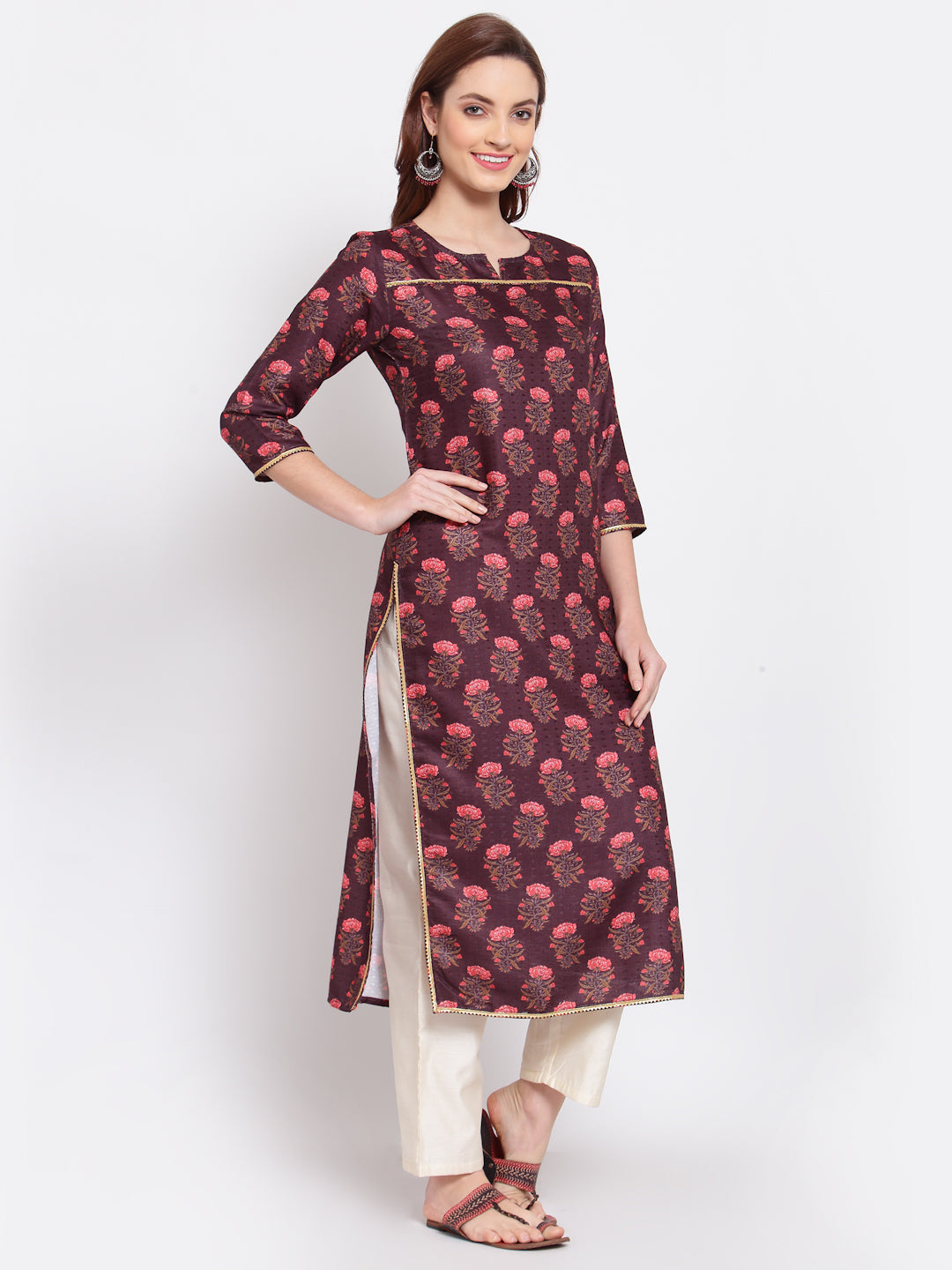Women's Wine Printed Pashmeena 3/4 Sleeve Round Neck Casual Winter Kurta