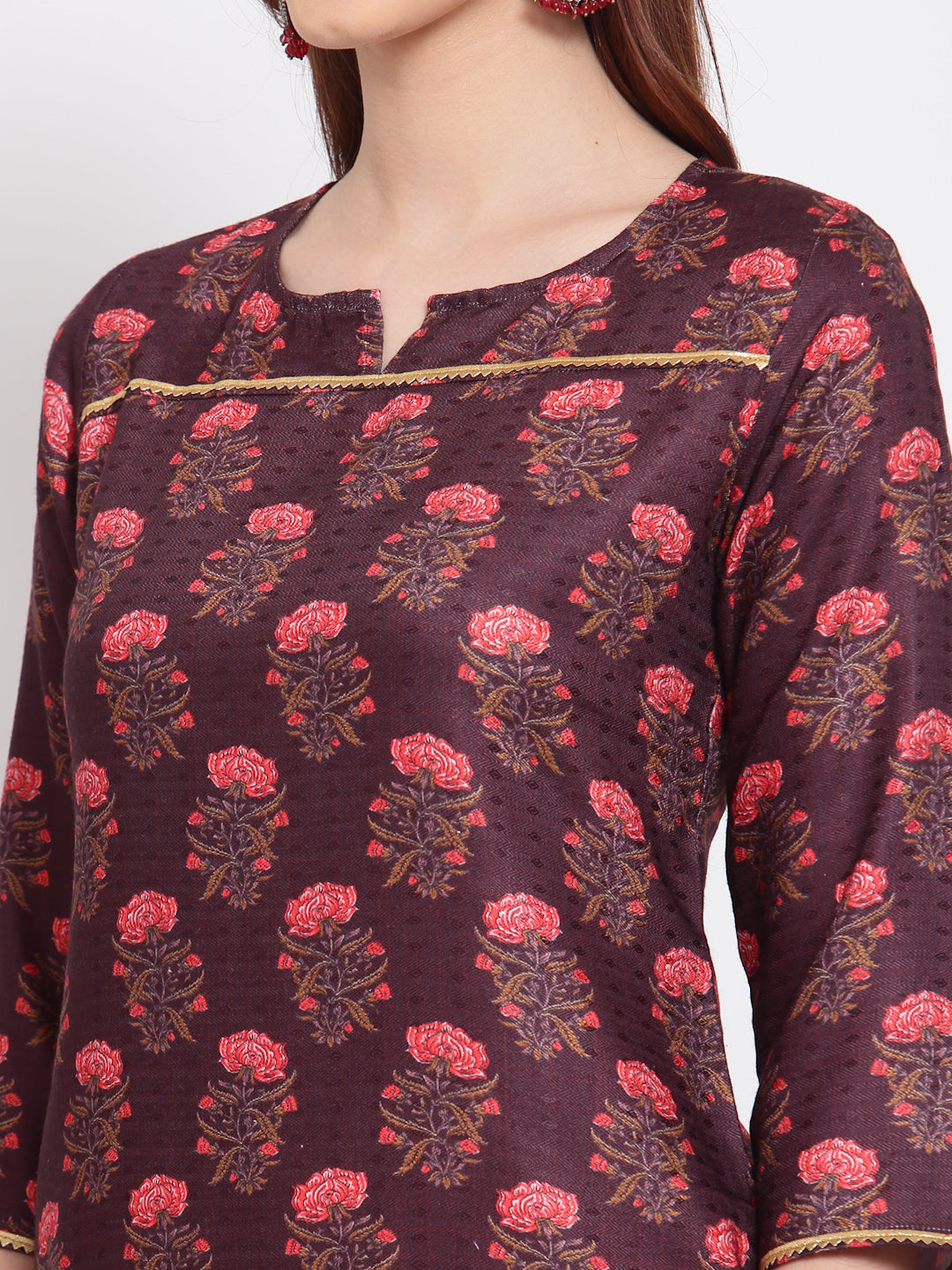 Women's Wine Printed Pashmeena 3/4 Sleeve Round Neck Casual Winter Kurta