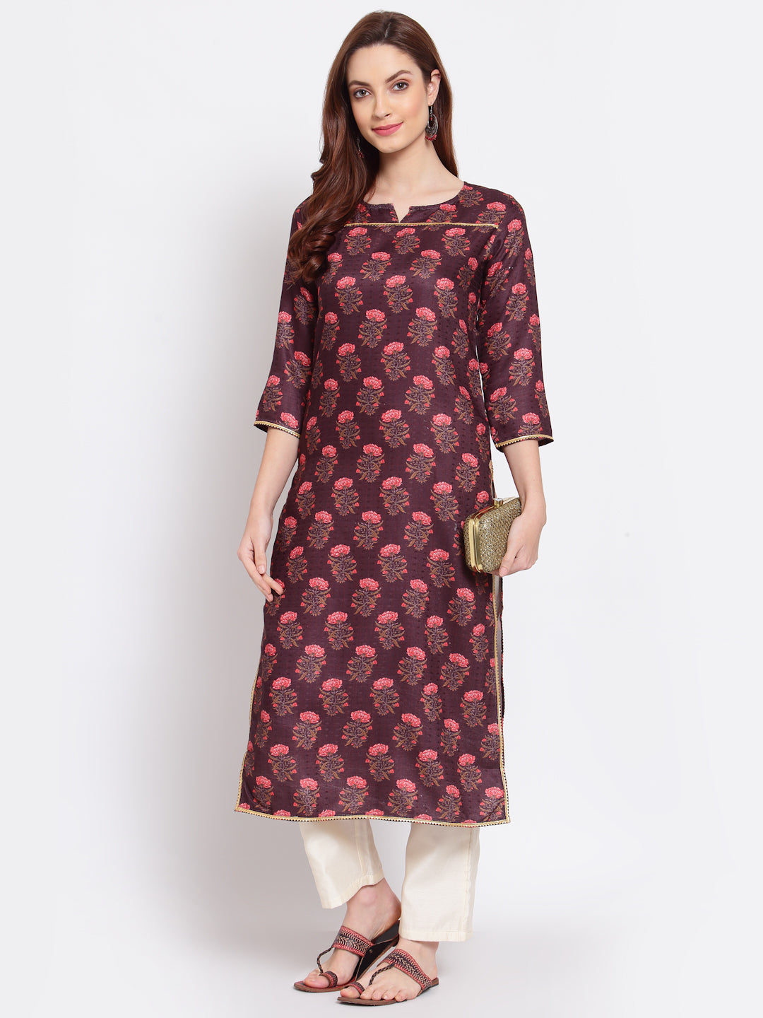 Women's Wine Printed Pashmeena 3/4 Sleeve Round Neck Casual Winter Kurta