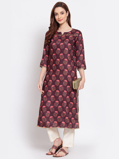 Women's Wine Printed Pashmeena 3/4 Sleeve Round Neck Casual Winter Kurta