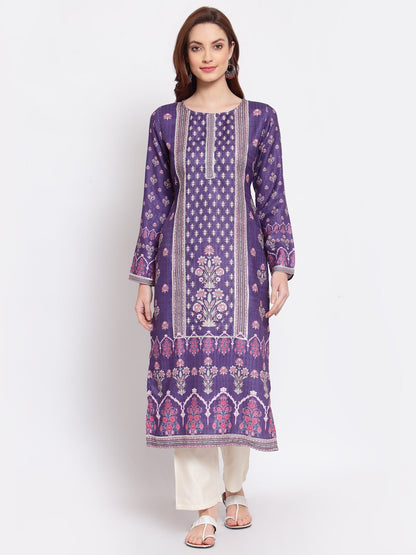 Women's Purple Printed Pashmeena Kurta by Myshka-