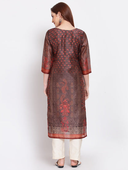 Women's Multi Printed Chanderi Silk 3/4 Sleeve Round Neck Casual Kurta
