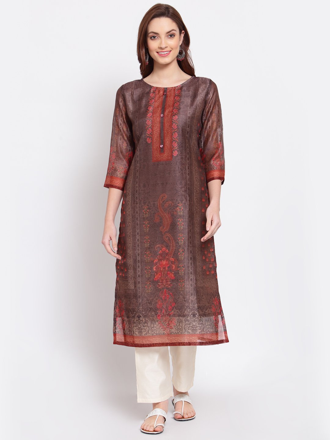 Women's Multi Printed Chanderi Silk 3/4 Sleeve Round Neck Casual Kurta