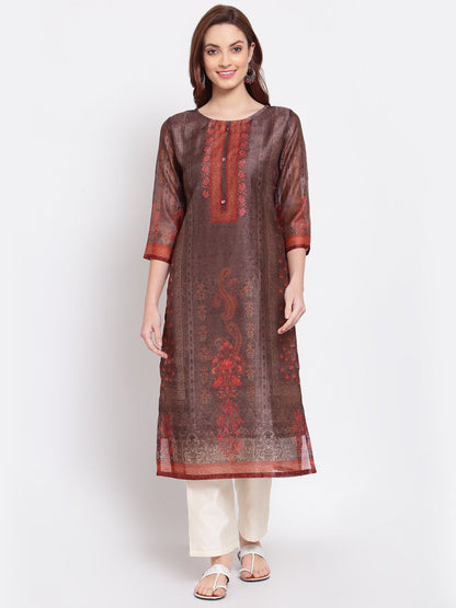 Women's Multi Printed Chanderi Silk 3/4 Sleeve Round Neck Casual Kurta