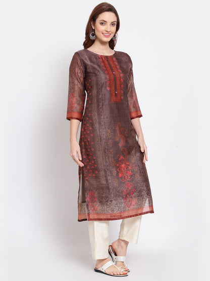 Women's Multi Printed Chanderi Silk 3/4 Sleeve Round Neck Casual Kurta