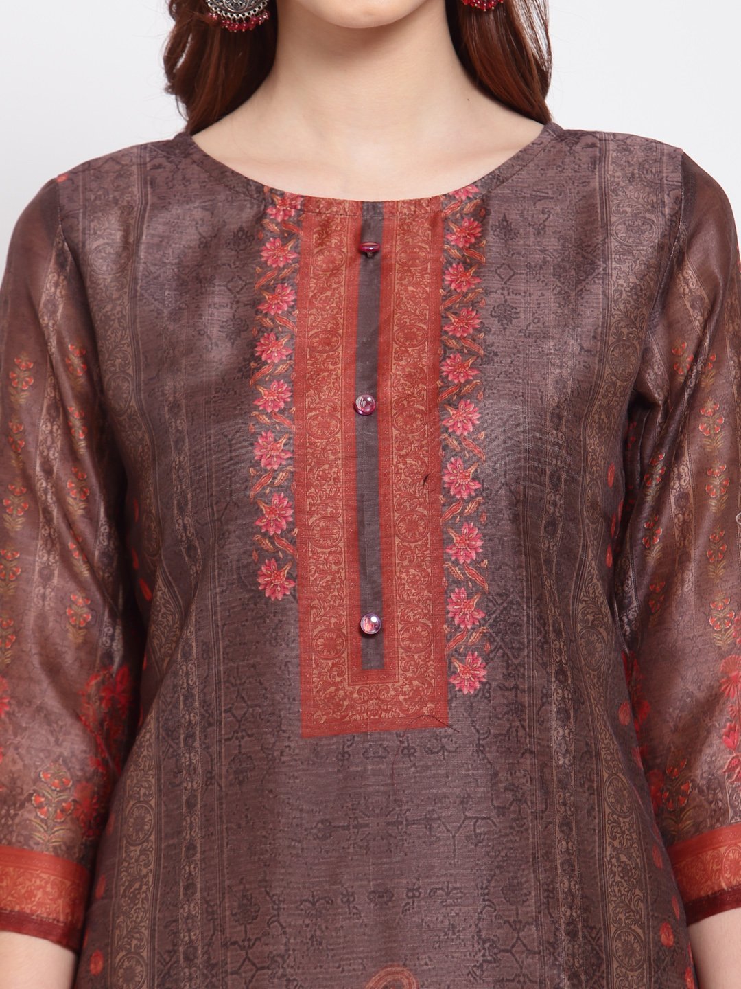 Women's Multi Printed Chanderi Silk 3/4 Sleeve Round Neck Casual Kurta
