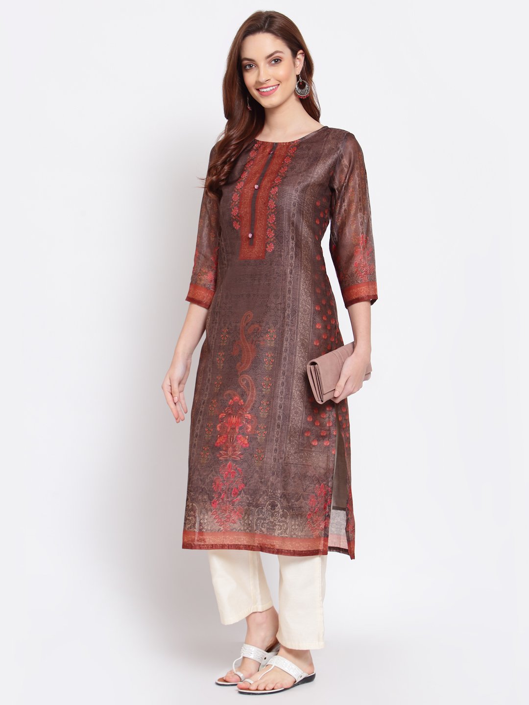 Women's Multi Printed Chanderi Silk 3/4 Sleeve Round Neck Casual Kurta