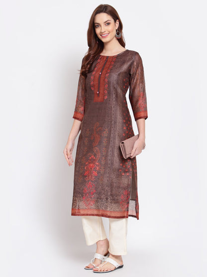 Women's Multi Printed Chanderi Silk 3/4 Sleeve Round Neck Casual Kurta