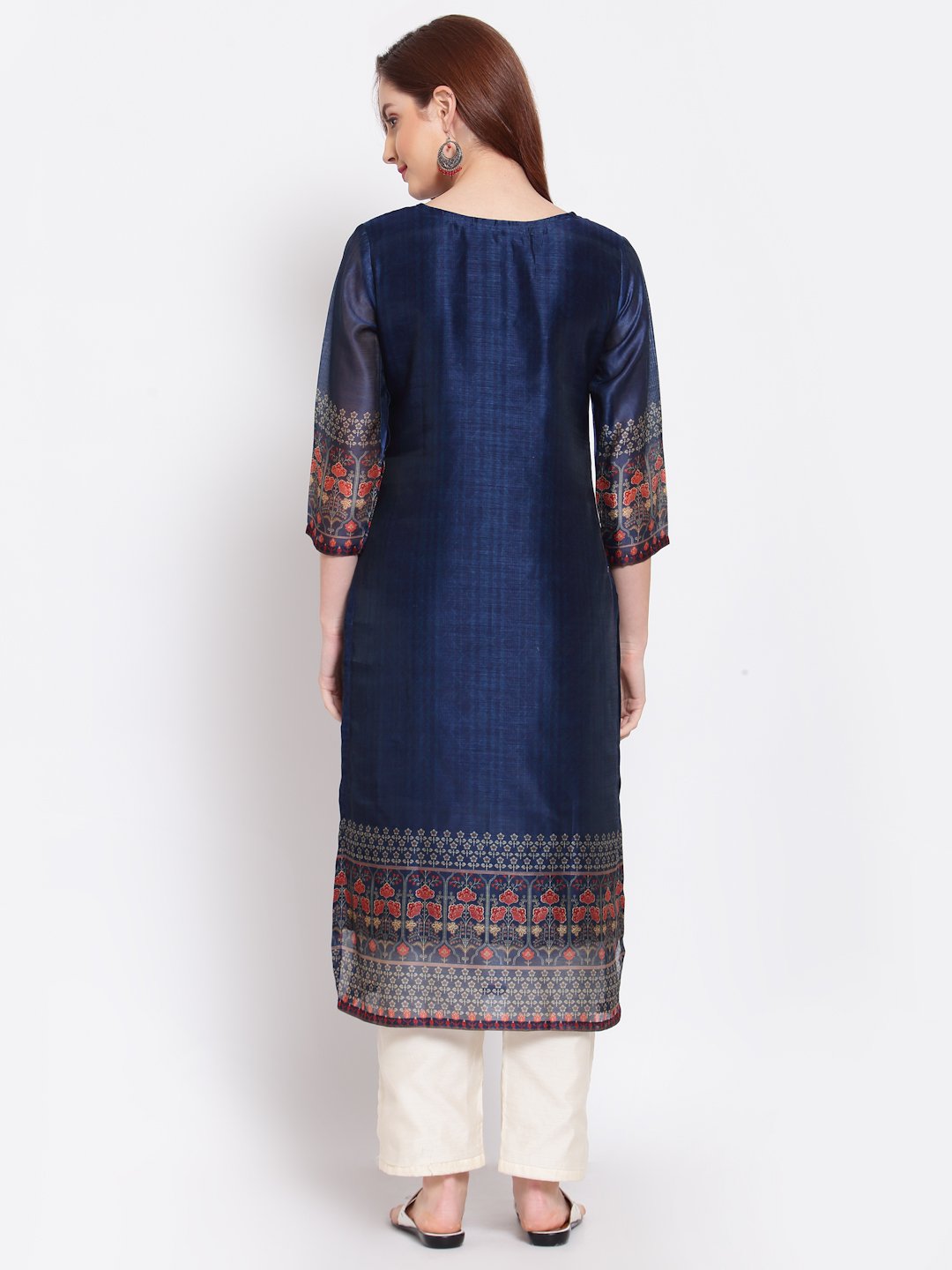 Women's Navy Blue Printed Chanderi Silk 3/4 Sleeve Round Neck Casual Kurta