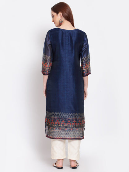 Women's Navy Blue Printed Chanderi Silk 3/4 Sleeve Round Neck Casual Kurta
