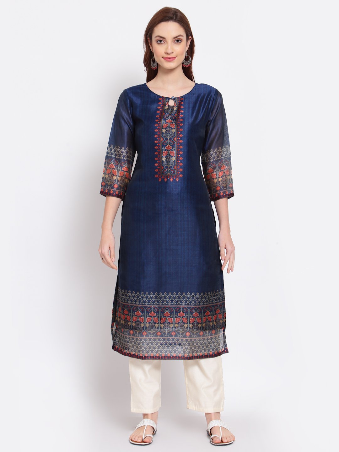 Women's Navy Blue Printed Chanderi Silk 3/4 Sleeve Round Neck Casual Kurta