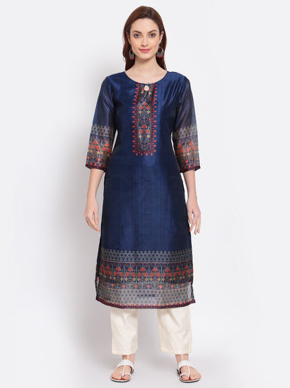 Women's Navy Blue Printed Chanderi Silk 3/4 Sleeve Round Neck Casual Kurta