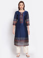 Women's Navy Blue Printed Chanderi Silk 3/4 Sleeve Round Neck Casual Kurta