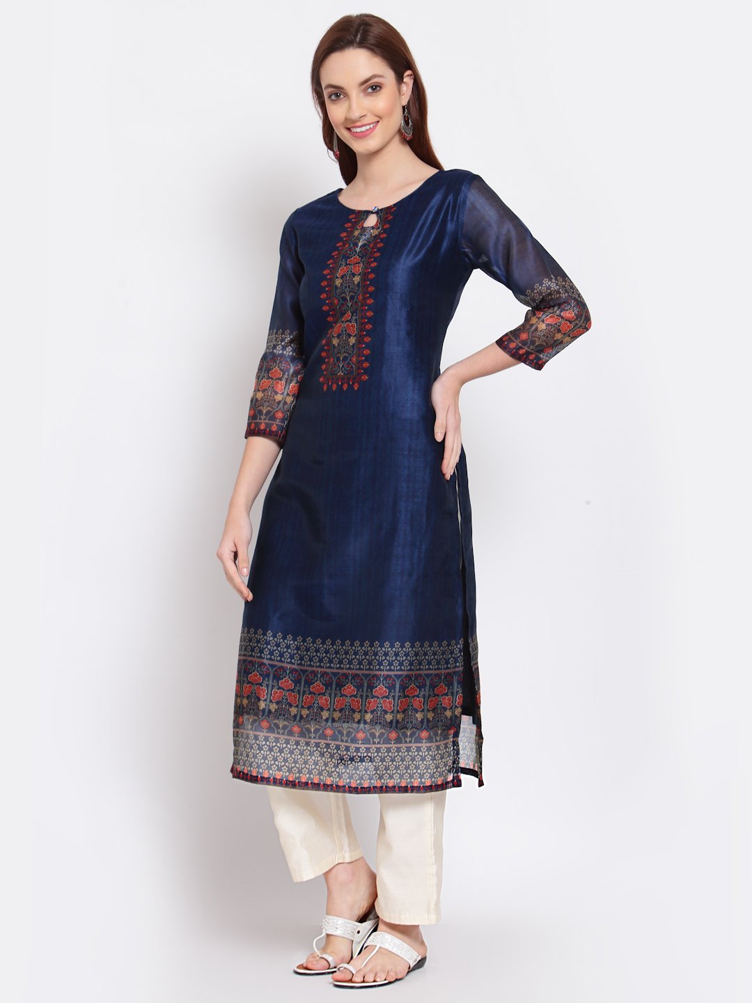 Women's Navy Blue Printed Chanderi Silk 3/4 Sleeve Round Neck Casual Kurta