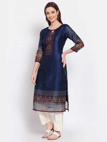 Women's Navy Blue Printed Chanderi Silk 3/4 Sleeve Round Neck Casual Kurta