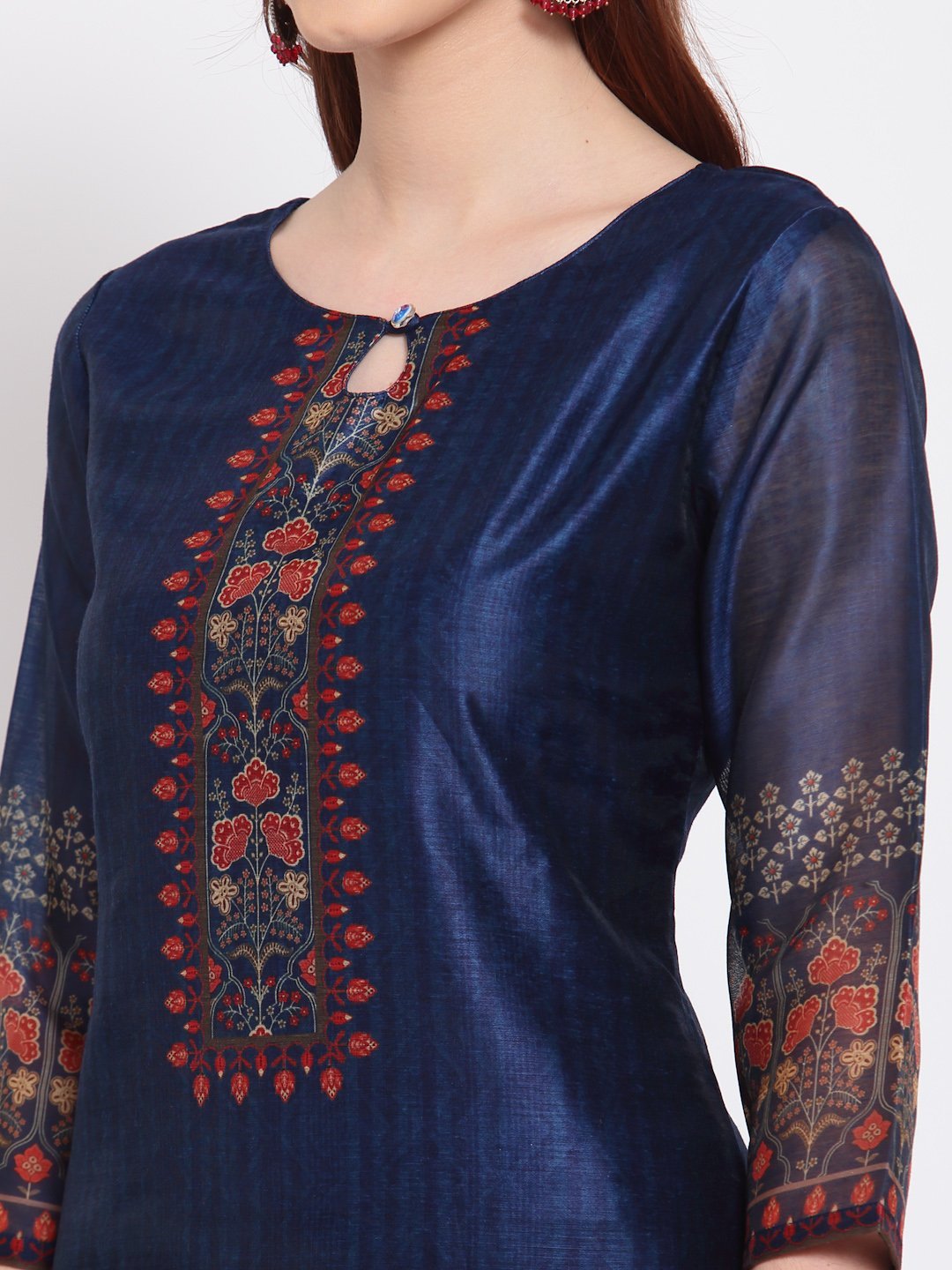 Women's Navy Blue Printed Chanderi Silk 3/4 Sleeve Round Neck Casual Kurta