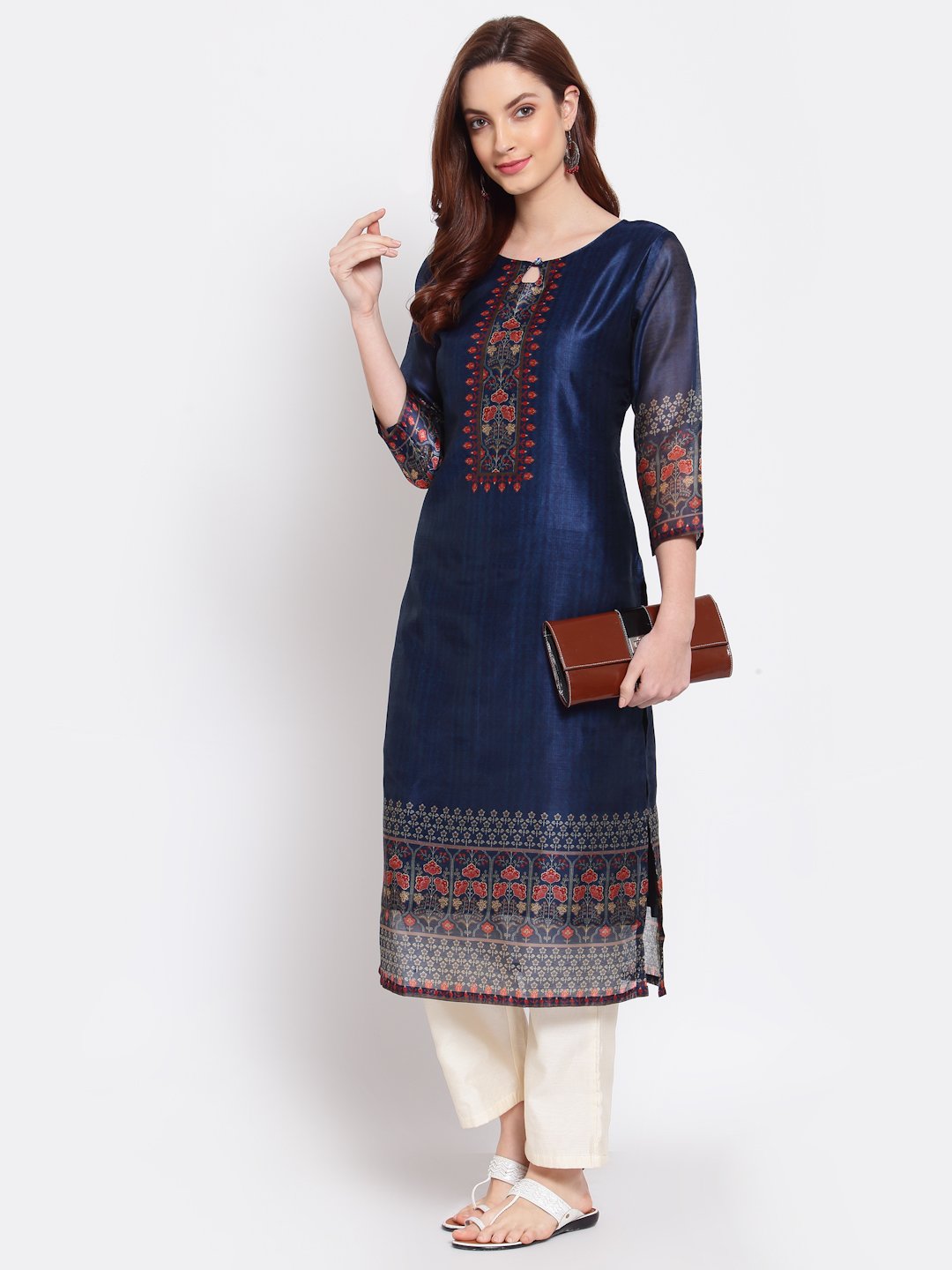Women's Navy Blue Printed Chanderi Silk 3/4 Sleeve Round Neck Casual Kurta