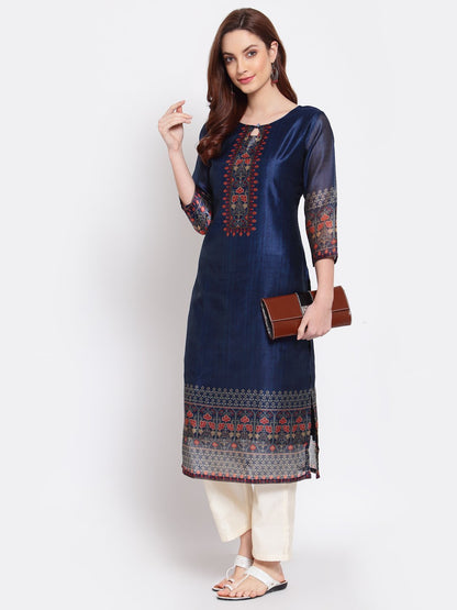 Women's Navy Blue Printed Chanderi Silk 3/4 Sleeve Round Neck Casual Kurta