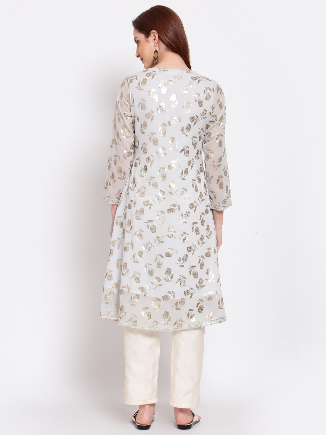 Women's Grey Printed Georgette 3/4 Sleeve Round Neck Casual Kurta