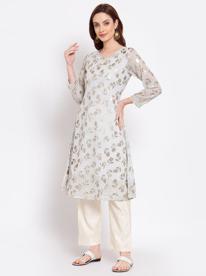 Women's Grey Printed Georgette 3/4 Sleeve Round Neck Casual Kurta