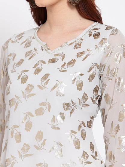 Women's Grey Printed Georgette 3/4 Sleeve Round Neck Casual Kurta