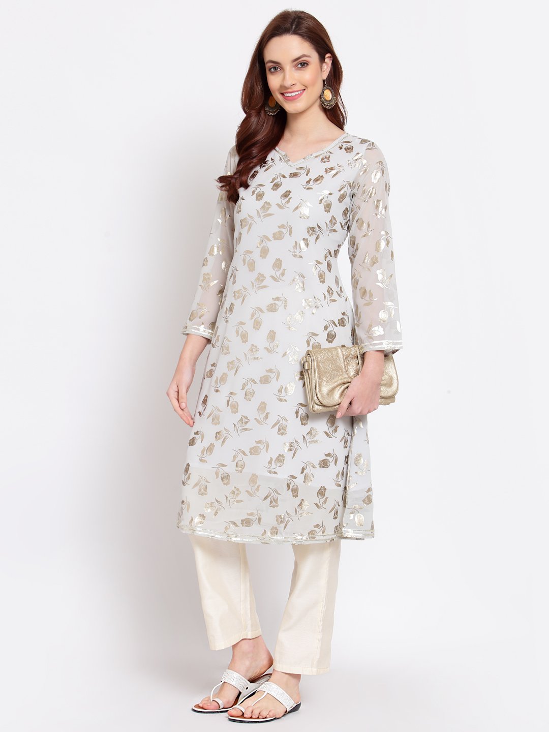 Women's Grey Printed Georgette 3/4 Sleeve Round Neck Casual Kurta