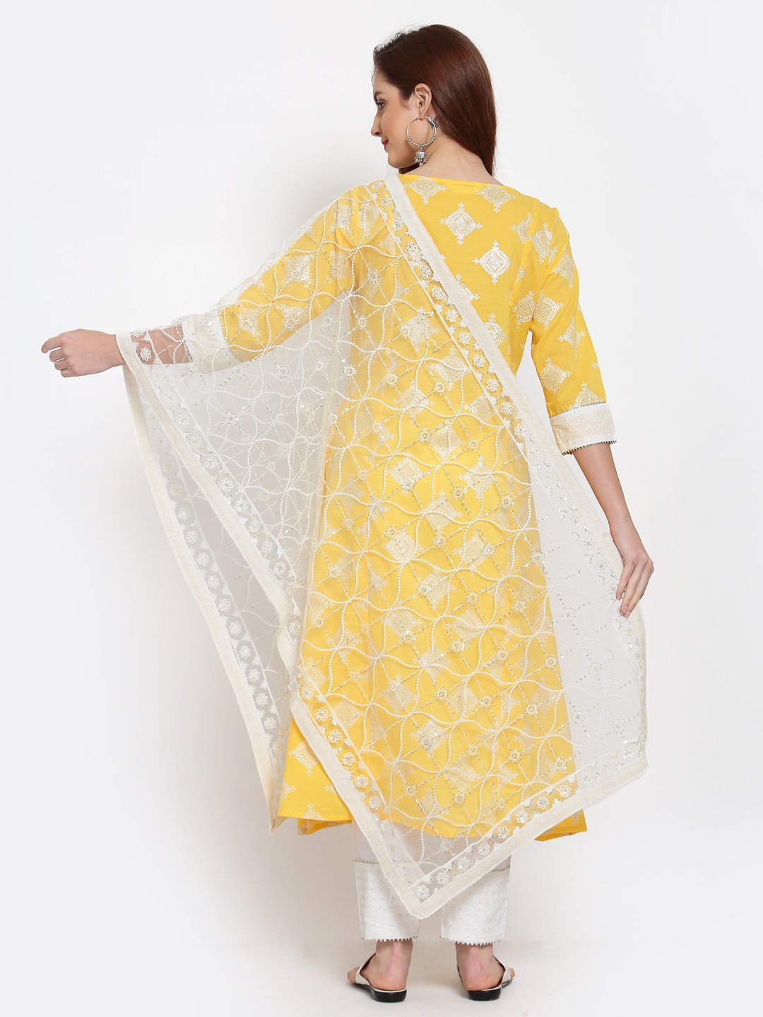 Women's Yellow Printed Cotton 3/4 Sleeve Round Neck Casual Kurta Pant Dupatta Set