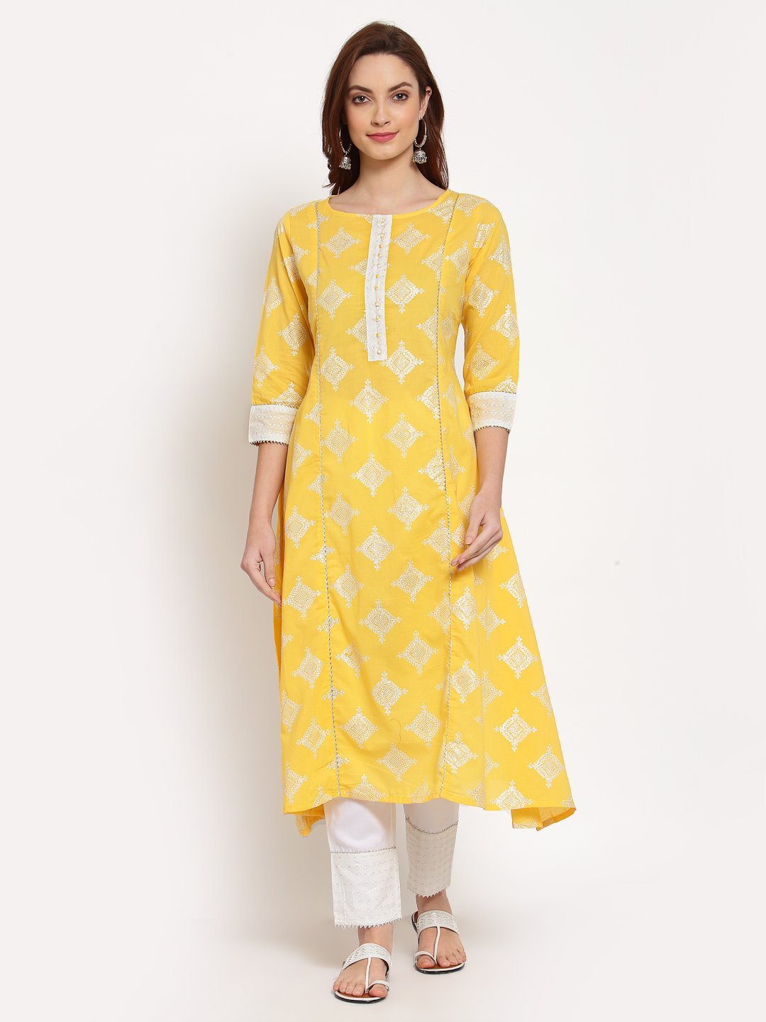 Women's Yellow Printed Cotton 3/4 Sleeve Round Neck Casual Kurta Pant Dupatta Set