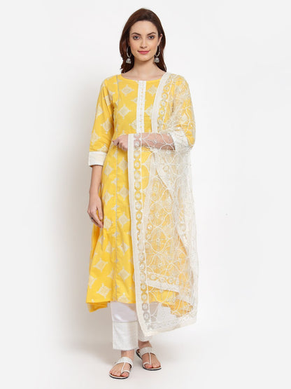 Women's Yellow Printed Cotton 3/4 Sleeve Round Neck Casual Kurta Pant Dupatta Set