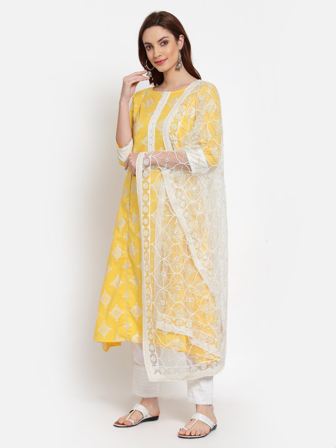 Women's Yellow Printed Cotton 3/4 Sleeve Round Neck Casual Kurta Pant Dupatta Set