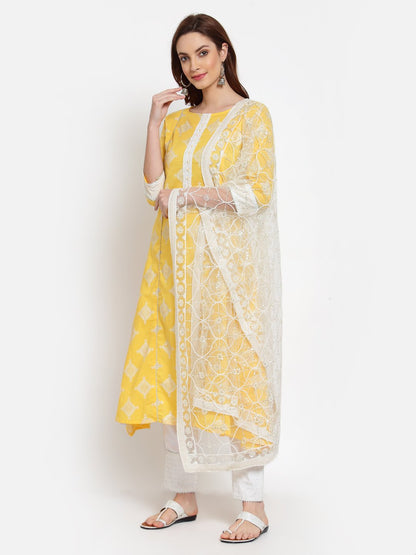 Women's Yellow Printed Cotton 3/4 Sleeve Round Neck Casual Kurta Pant Dupatta Set