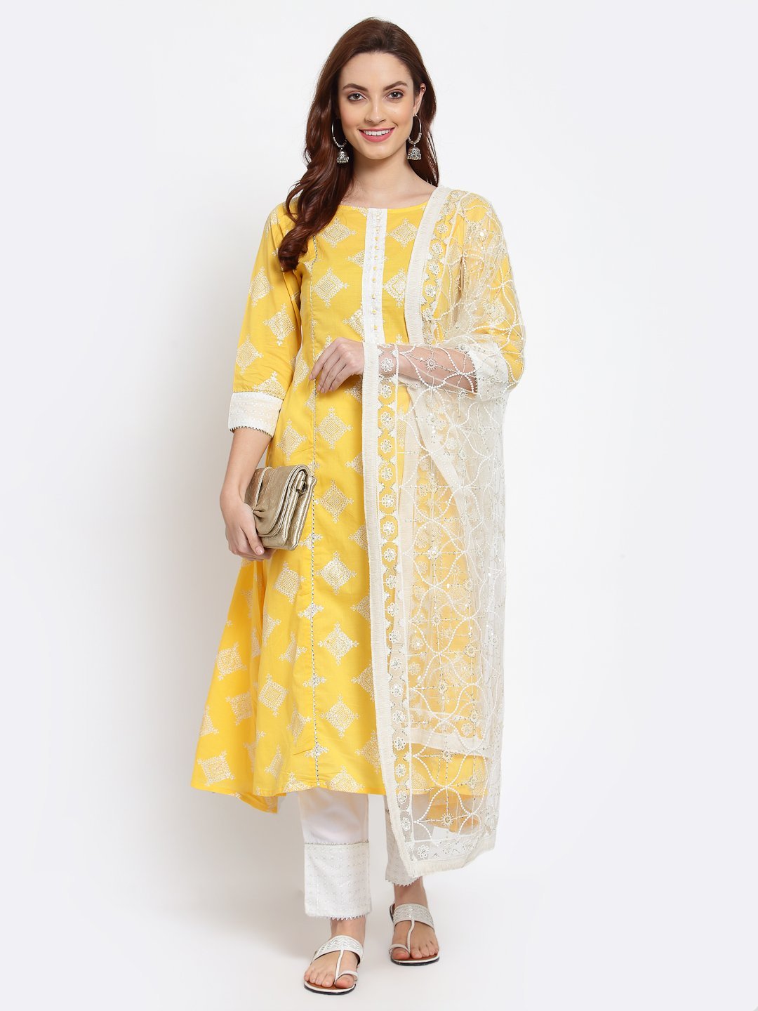 Women's Yellow Printed Cotton 3/4 Sleeve Round Neck Casual Kurta Pant Dupatta Set