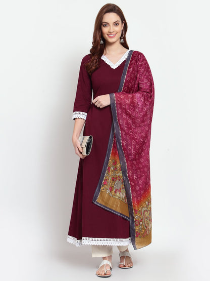 Women's Burgandy Printed Cotton Full Sleeve V Neck Casual Kurta Dupatta Set