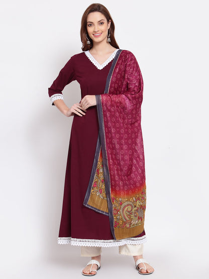 Women's Burgandy Printed Cotton Full Sleeve V Neck Casual Kurta Dupatta Set