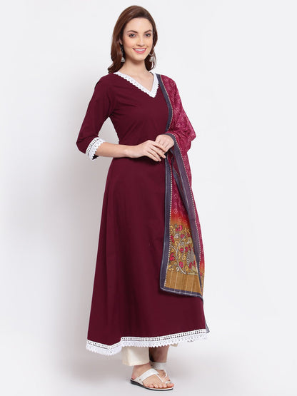 Women's Burgandy Printed Cotton Full Sleeve V Neck Casual Kurta Dupatta Set